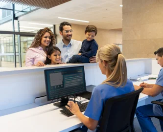 Kids with father in help counter